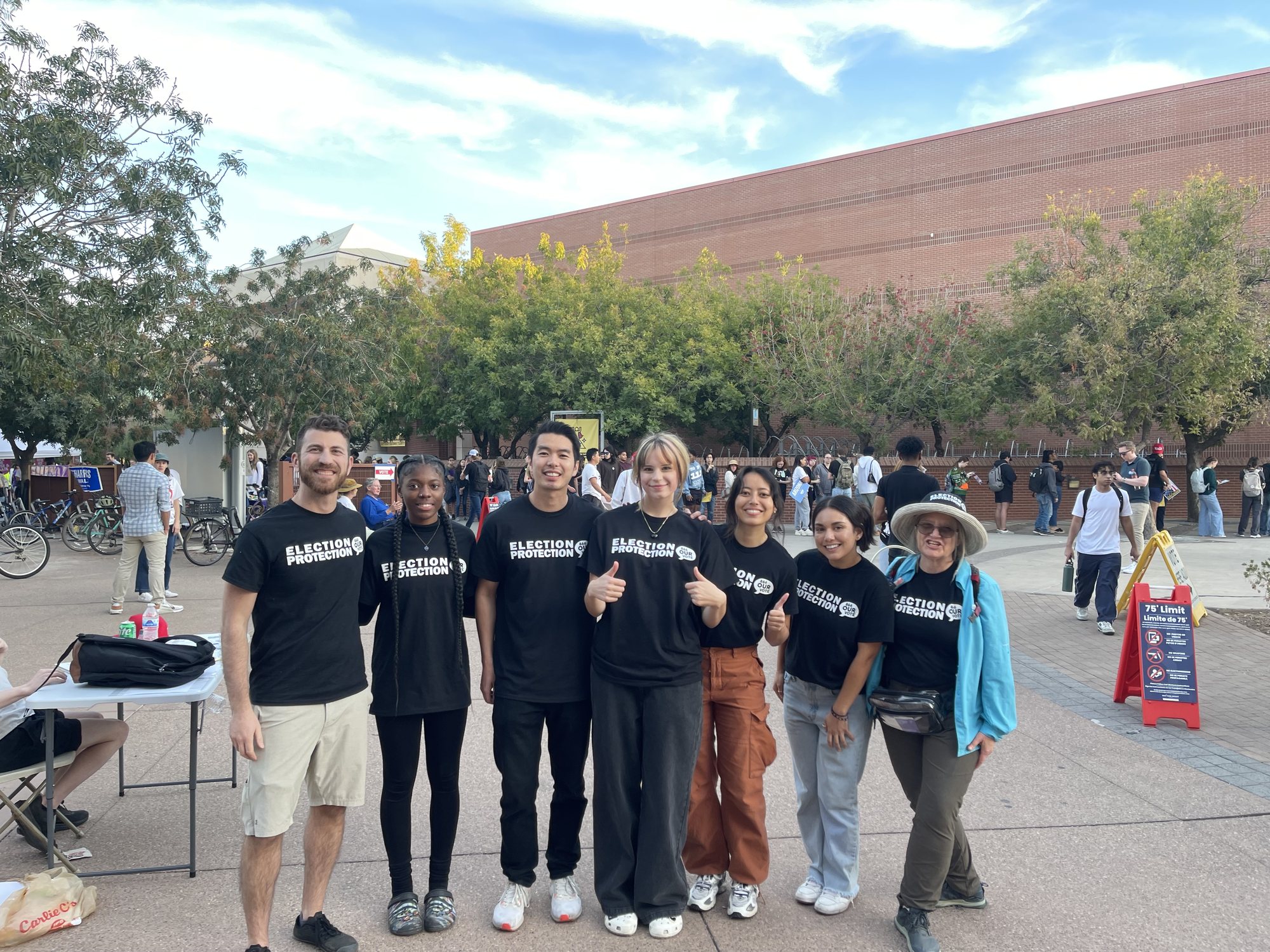 Election protection volunteers gathered outside